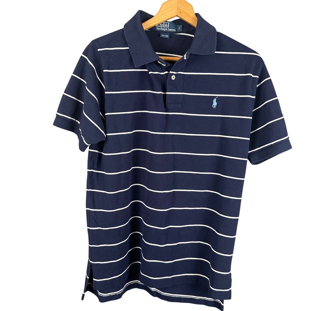 Polo Ralph Lauren Mens Large Navy Blue White Striped Short Sleeve Polo Shirt L